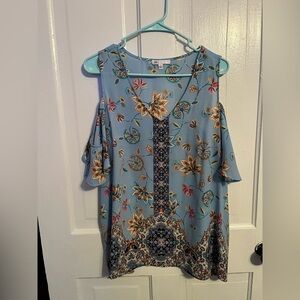 DR2 Blue Floral Cold Shoulder Blouse